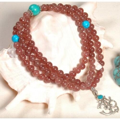 Tibetan Mala Natural Strawberry Quartz 108 Beads Mala Tibetan 925 Silver OM Pendant