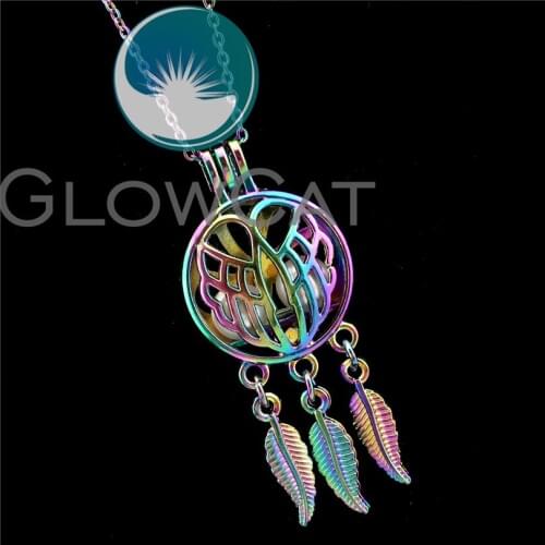 R-C710 Colorful Feather Wings Dream Catcher Beads Cage Pendant Perfume Diffuser Aromatherapy Pearl Cage Locket Necklace