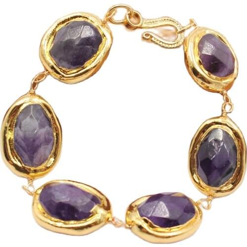 GuaiGuai Jewelry Natural Purple Amethysts Oval Electroplate Gold Plated Egg Bracelet Handmade For Women