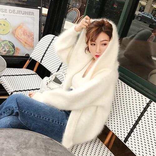 2021 New Women 100% Mink Cashmere Sweater Cardigan Female hooded lantern sleeve coat outwear jacket free shipping wsr337