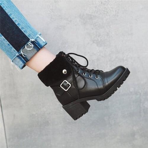 YMECHIC Lace Up Fur Ankle Boots for Women Block High Heel Shoes Buckle Motorcycle Combat Boots Plus Size Black Winter Boot 2018