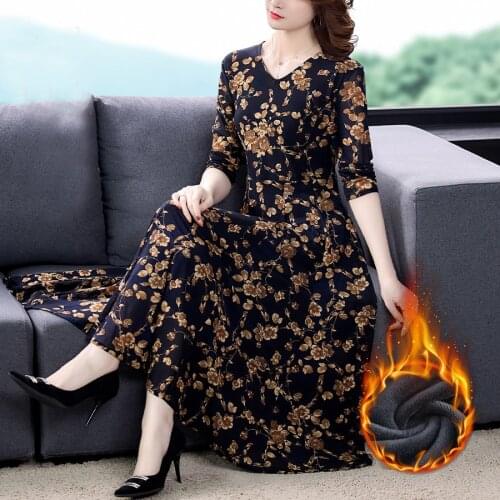 Autumn Winter Casual Vintage New 5XL Plus Size Knitting Dress Elegant Floral Plush Padded Warm Midi Dress Women Bodycon Vestidos