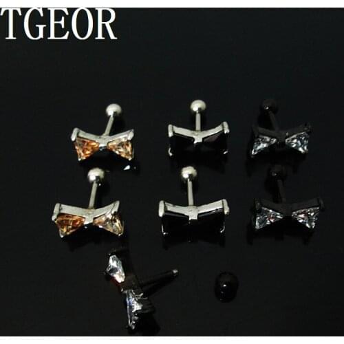 Fashion 1 pair 7mm Zircon mixed colors gem bow-knot CZ cubic zircon tragus piercing earring
