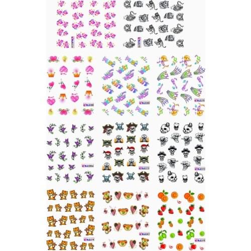 11 PACKS/LOT UPRETTEGO NAIL ART BEAUTY WATER DECAL SLIDER NAIL STICKER FLOWER TIGER MUSIE NOTES PIRATE SKULL BLE366-376