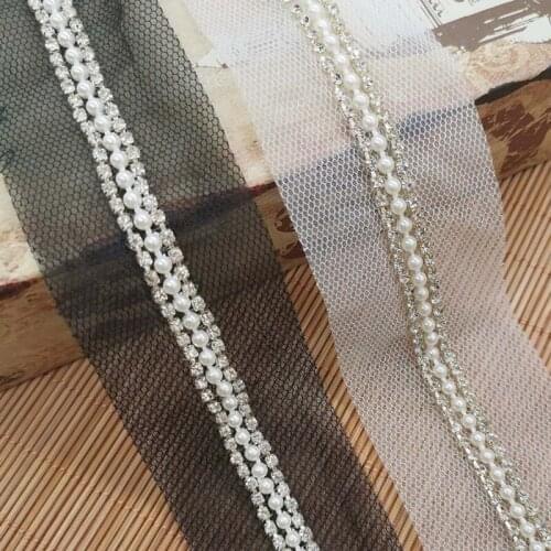 5yards Pearl Beaded Rhinestone Chain Trimming Ribbon Applique Sewing Dress Collar Accessories Black White Mesh Lace Fabric