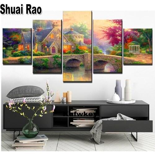 Diy Diamond Painting 5d 5 Panel Seashore Cottage Landscape Full Square Diamond Embroidery Multi-picture DIY Home Decoration