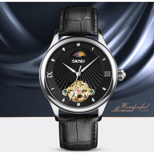 SKMEI Fashion Watch Hollow Dial Men Watches Automatic Mechanical Wristwatches Leather Strap Moon Phase Mens Watch reloj hombre