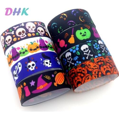 DHK 50yards Skull Halloween Printed Grosgrain Ribbon Accessory Hairbow Headwear Decoration DIY OEM S1525