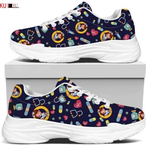 KUILIU Nurse Heart Cartoon Print Women Platform Shoes Comfortable Luxury Brand Casual Flat Bottom Breathable Mesh Shoe For Lady