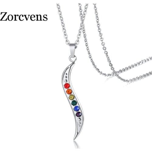 ZORCVENS Silver Color Rainbow Stones Pendant for Men Women Stainless Steel CZ Stone Jewelry Casual Unisex Jewelry