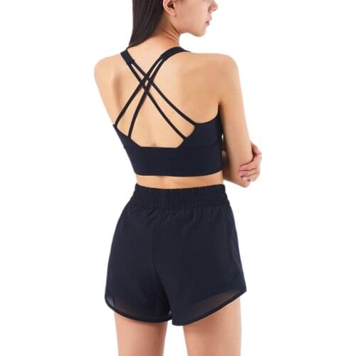 Summer High Quality Workout Set Women Back Cross Shockproof Sports Bra & 2 In 1High Waist Loose Yoga Shorts 2 Pcs Running Sets