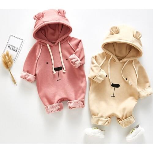 Cute baby romper baby girl clothes Infant Baby Girls Boys Bear Ear Print Thick Warm Hoodie Jumpsuit Romper Autumn Clothes