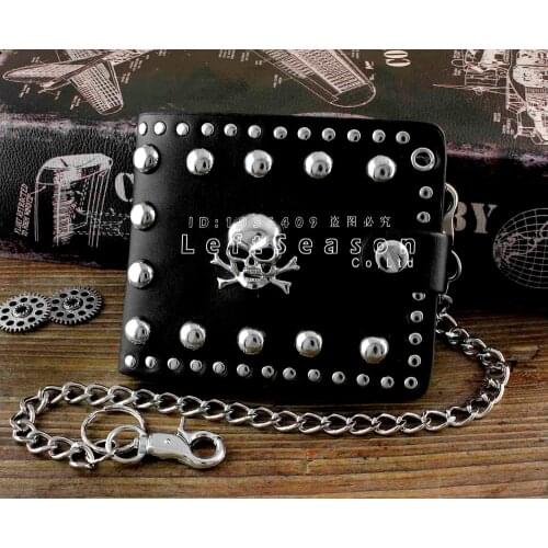 Mens Boys Leather Wallet With Chain Punk Motorcycle SKULL studded around