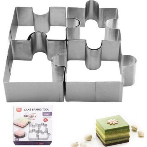 Set of 4 Stainless Steel Puzzle Mousse Ring Mould Sets in Gift Box Jigsaw Cake Mold Kitchen Baking Tools Welcome Drop Shipping