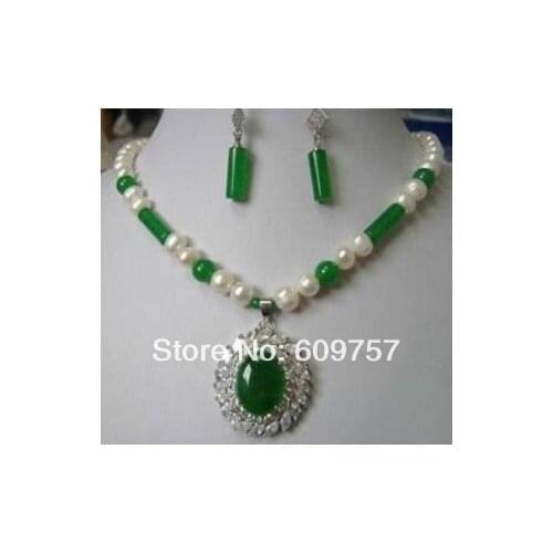 Women real latest design natural Genuine white pearl gem pendant necklace earring set GP Silver hook