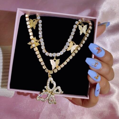 New Multi Layer Metal Crystal Butterfly Charms Pendants Necklaces Women Gold Silver Color Tennis Choker Necklace Trendy Jewelry