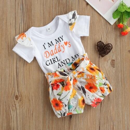 Newborn Infant Baby Girl Short Sleeve Letter Print Romper Tops Floral Print Shorts 2pcs Outfits Summer Clothing for 0-24Months
