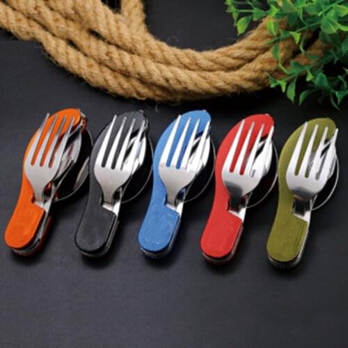 4 in 1 Outdoor Tableware (Fork/Spoon/Knife/Bottle Opener) Camping Stainless Steel Folding Pocket Kits for Hiking Survival Travel