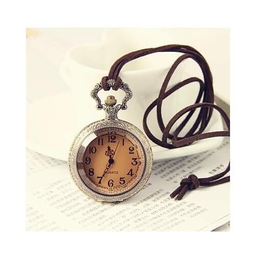 Women Fashion Pocket Watch Necklace Dark Brown Glass With Leather cord For Girl Gift