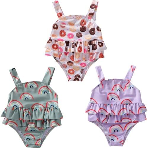 Girls Casual Swimwear, Printed Pattern Square Collar Sleeveless Swimwear Baby Clothing White/ Purple/ Green
