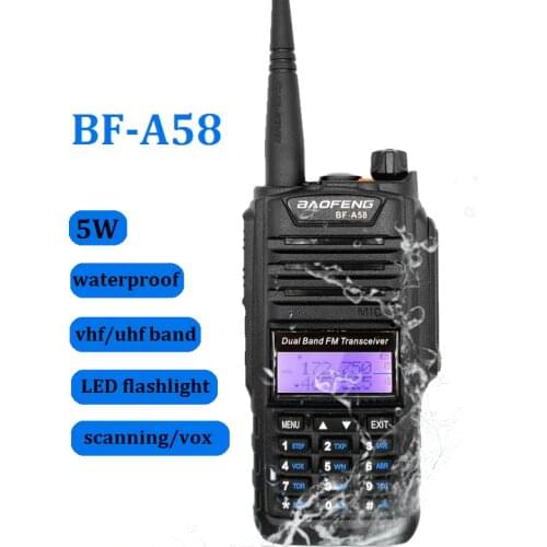 2020 Baofeng BF-A58 Waterproof Walkie Talkie Ham Radio Amateur A58 Handheld CB Radio Scanner Dual Band VHF UHF Frequency Hunting