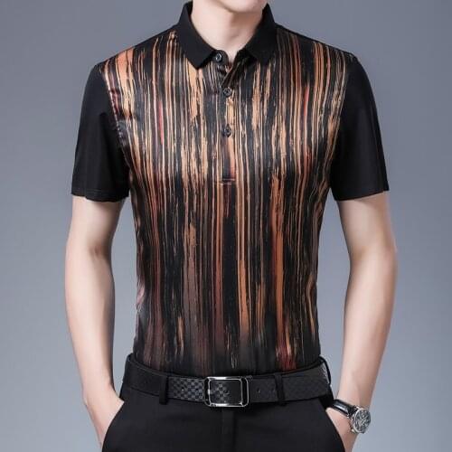 Plus Size Retro Top Quality Real Ice Silk Mens T Shirts With Collar Luxury Print Satin Shirts Stretch Social Husband Dress Work