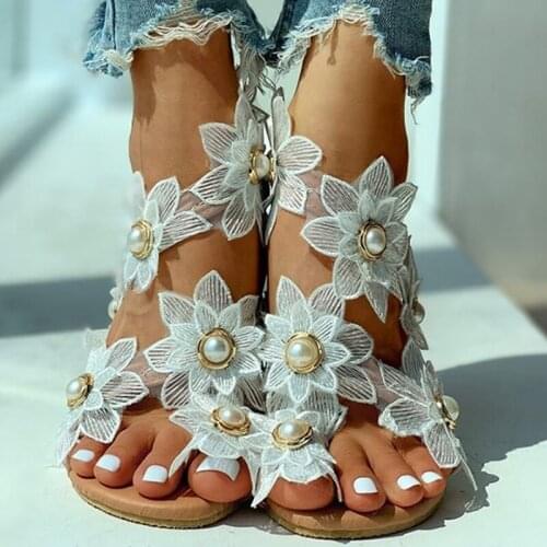 Bohemian Sandals Womens Summer Footwear Fashion Casual Floral Pearl Flat Sandals Toe Ring Beach Shoes Sandal Zapatos De Mujer