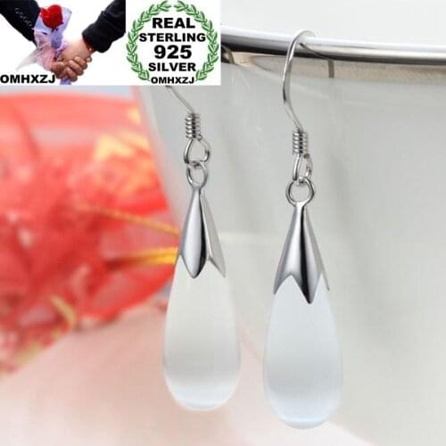 OMHXZJ Wholesale European Fashion Woman Girl Party Wedding Gift Water Drop Pink Opal 925 Sterling Silver Drop Earrings EA320