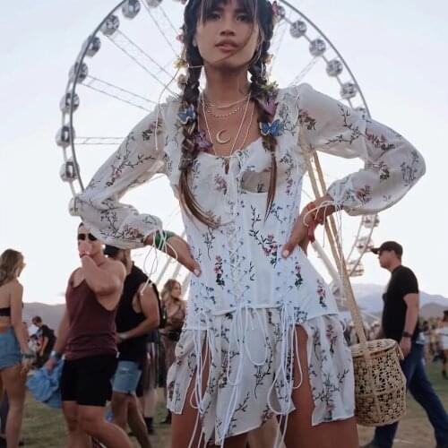 KHALEE YOSE Chiffon Lace Corset Dress 2 Piece Floral Sexy Mini Dresses Women Boho Chic Ruffle Layered Tie Up White Holiday Dress