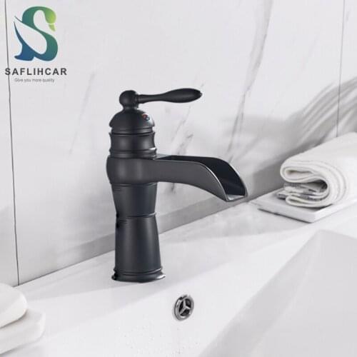 Saflihcar Black Bathroom Basin Mixer Tap Hot and Cold Water Sink Faucet Single Handle Waterfall Contemporary Faucet Deck Mounted