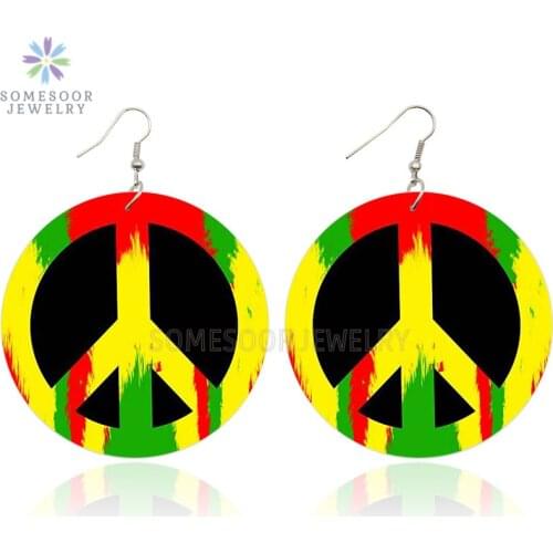 SOMESOOR African Colors Peace Symbol Wooden Drop Earrings Handmade Photos Printed Wood Dangle Jewelry For Women Gifts
