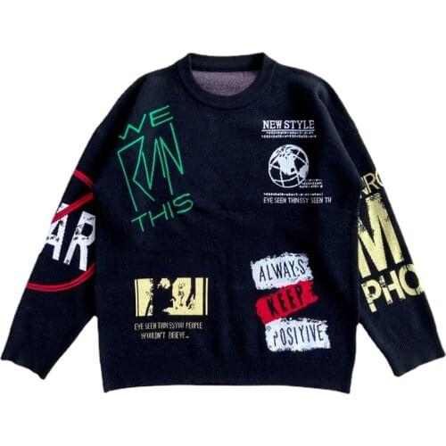 Knitted Sweaters Men Harajuku Letters Graffiti Sweater Fashion Casual O- Neck Pullover Oversized Hip Hop Couple Streetwear Autum
