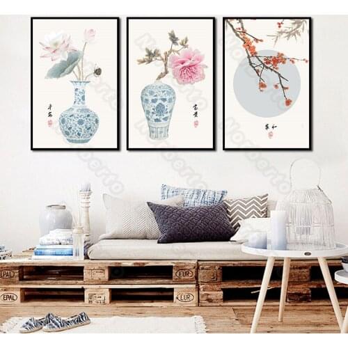 Traditional Chinese Canvas Painting Poster Peony Red Plum and Lotus In Blue White Porcelain for Home Rooms Wall Decoration