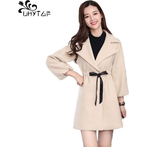 UHYTGF Womens Spring Autumn Jacket Wool Coat Fashion Single-breasted With Belt Female Woolen Outerwear Plus Size Woman Coat 967