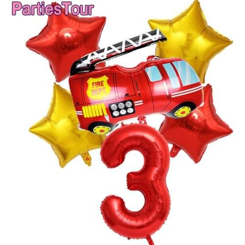 1-9th Birthday Fire Truck Theme Balloon with Fire Truck 32" Number Foil Balloon Star Ballon for Firefighter Birthday Party Decor