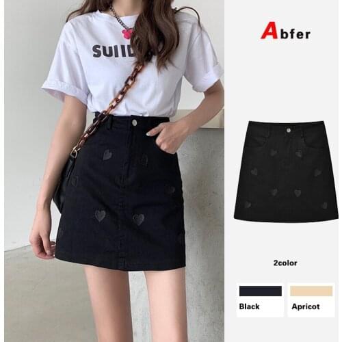 Abfer Summer Plus Size Jean Skirts Women Korea Fashion Love Embroidery Mini Skirt Denim Hippie Skirts A-line Black Pencil Skirt