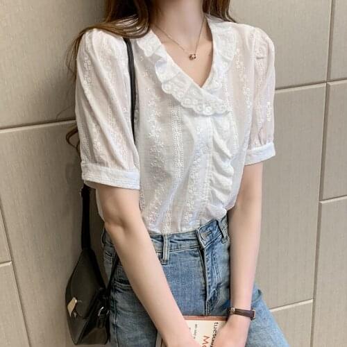 Summer Elegant Shirt Lady Retro Tops Women Casual Short Sleeve Sexy Ruffles Blouse 2021The New