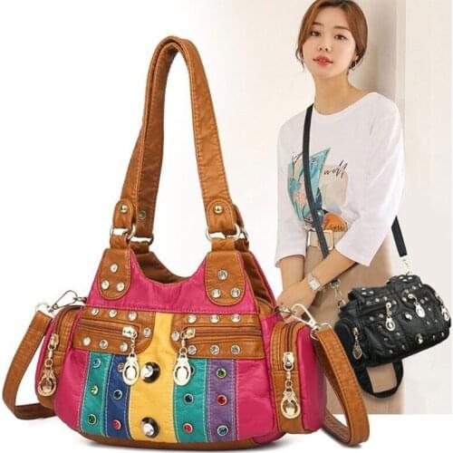 Retro Women Tote Contrast Stitching Bag Multi Pocket Shoulder PU Leather Handbag Large Internal Capacity Tote