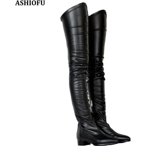 ASHIOFU Handmade Ladies Thigh High Boots Sexy Soft Flat Over Knee Boots Night-club Party Prom Fashion Evening Long Boots Shoes