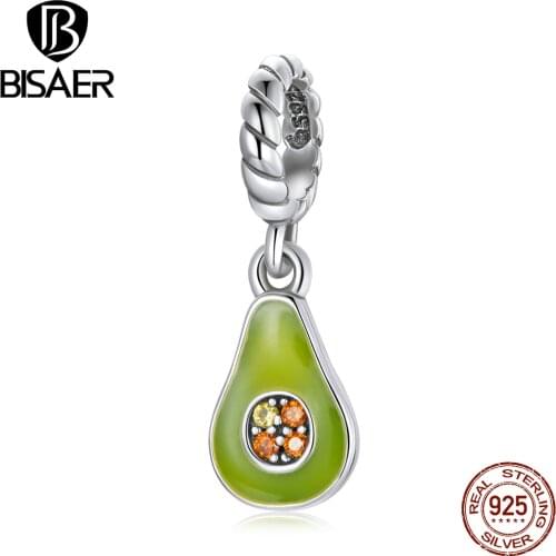 BISAER 925 Sterling Silver Jewelry Green Enamel Avocado Fruit Charm For Original DIY Bracelet Bangle Women Jewelry Making EFC472