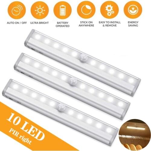 10 LEDs PIR Motion Sensor Closet Light Battery Operated Under Cabinet Lights Cupboard Wardrobe Stairs Wall Lamp For Kitchen Room