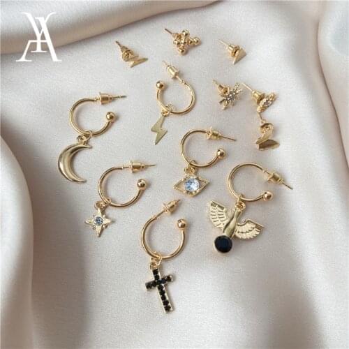 12PCS Mixed Cross Eye Star Moon Geometric Drop Earrings Set Bohemian Vintage Cartilage Earrings for Women Small Cuff Clip