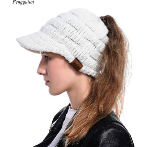 2020 Winter Women Knitted Baseball Cap for Girl Warm Casual Sports Elastic Adjustable Ponytail Messy Bun Foldable Visor Cap Hats