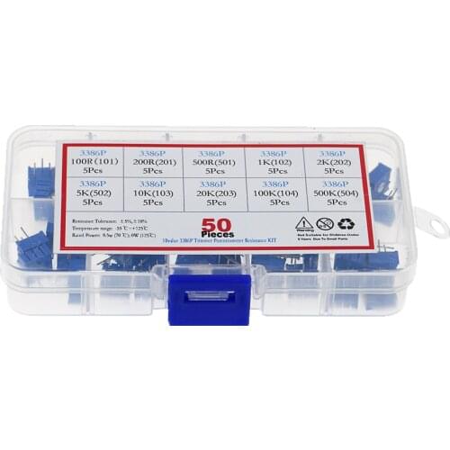 50pcs 3386P series 100R 200 500R 1K 2K 5K 10K 20K 50K 100K 500K multi-turn potentiometer 10K Variable resistors With box set