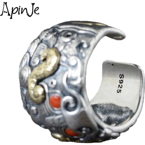 Apinje S925 Sterling Silver Ring for Men Fashion God Beast Vintage Open Ring Punk Jewelry
