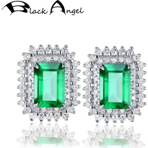 BLACK ANGEL 925 Sterling Silver Emerald Stud Earrings For Women Fine Jewelry Ruby Blue Gemstone Wedding Earrings Wholesale