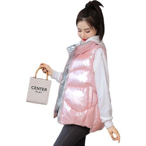 Elegant Autumn Winter Women Vest Jacket Lady Temperament Stand Collar Shiny Waistcoat Loose Down Cotton Padded Warm Vest OK906