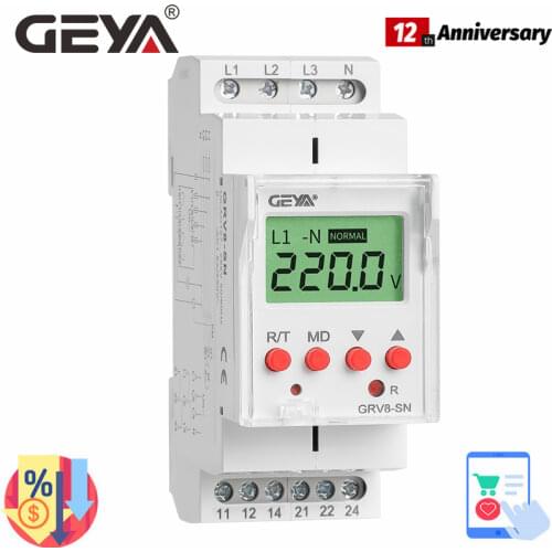 GEYA GRV8-SN/SP Over Voltage Under Voltage Protector Device with LCD Digital Display Voltage Relay 8A 70V-650V