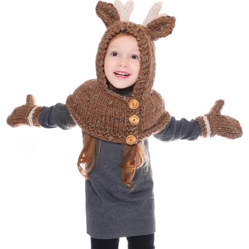 IANLAN New Winter Children Hats Scarves Gloves Girls Cute Reindeer Style Knit Wool Kids Hooded Hat Muffler Mittens Set IL00190