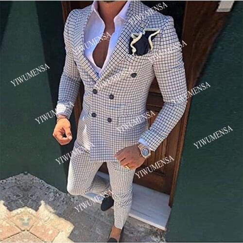 White/Black Mens 2 Pieces Casual Double Breasted Fashion Mens Suit Slim Fit Plaid Tuxedos for Wedding Groomsmen(Blazer+Pant)